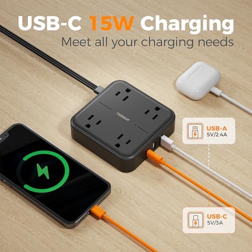 TESSAN 5 FT Flat Extension Cord Surge Protector – 4 Outlet Power Strip with 3 USB C Ports (1 USB C) for Fast Charging, 900 Joules Electronics Protection, Space-Saving Design for Home, Office, and Dorm Use, Enhanced Compatibility and Efficiency