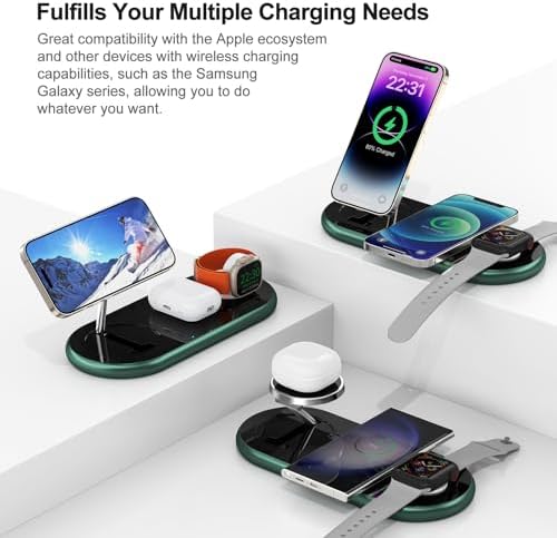 Sleek 3-in-1 Magnetic Charging Station for Apple Devices – Fast Mag-Safe Wireless Charger Stand for i Phone 16/15/14/13/12, Apple Watch, and Air Pods – Elegant Golden Design with Enhanced Compatibility and Safety Features