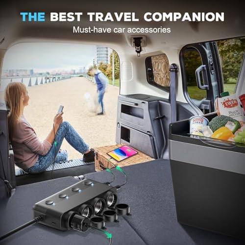 Power Up Your Journey: 300 W 4-Socket Cigarette Lighter Splitter Car Charger with Dual PD 36 W and QC3.0 USB-C Ports, Independent Switches, Dust Cover, and Voltmeter for Fast Charging of All Devices – Perfect for Road Trips and Daily Commutes