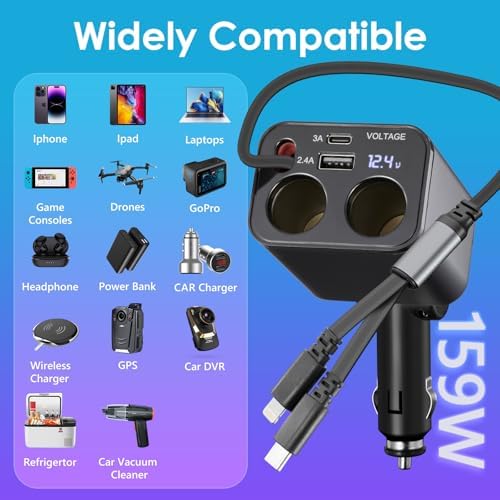 Ultimate 6-in-1 Retractable Car Charger: 159 W Fast Charging for i Phone 15/15 Pro Max, Galaxy, and Pixel – USB-C & Dual Cigarette Lighter Adapters for Multi-Device Convenience and Tangle-Free Storage