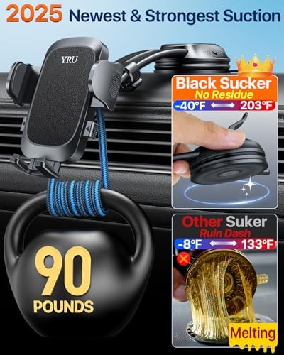 YRU 2025 Upgraded 360° Rotatable Car Phone Holder – Secure Suction Dashboard & Windshield Mount with Flexible Bendable Arm for i Phone 16 Pro Max & 15 – Enhance Driving Safety & Accessibility with Sturdy Design for Uninterrupted Use