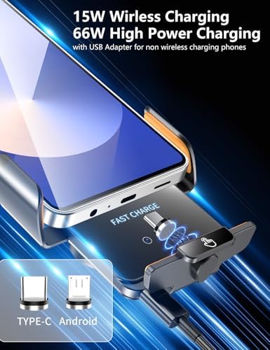 Wireless Car Charger & Phone Mount – 15W Auto-Clamping Air Vent Holder for iPhone 16/15/14, Samsung Galaxy S24/S23/S22, etc，66W High Power with Magnetic Suction Adapter(2025 Model, Black) – Enhanced Compatibility and Speed