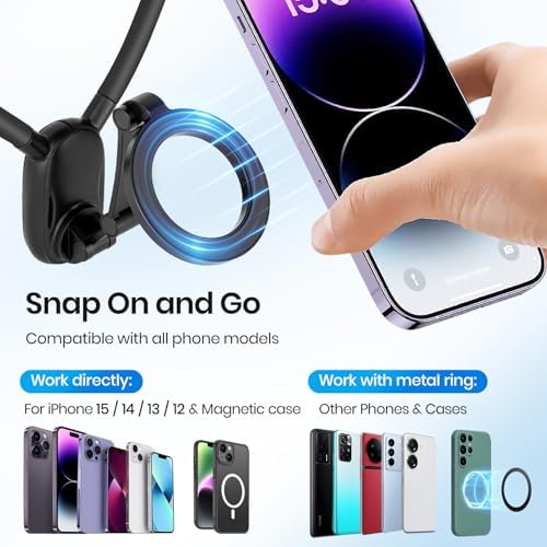 Revolutionary Magnetic Neck Phone Holder for Hands-Free Vlogging and Content Creation – Adjustable Smartphone Mount for i Phone 15, 14, 13, 12 Pro Max, Plus, Mini (Black) – Effortless Video Recording and Maximum Stability