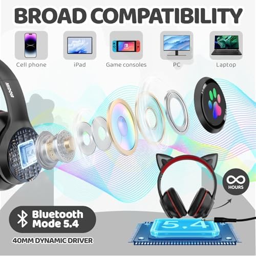 MIDOLA Cat Ear Bluetooth 5.3 Wireless Headphones for Kids – 60-Hour Playtime, Fun LED Illumination, Travel-Friendly Foldable Design with Integrated Microphone – Ideal for Music, Gaming, and Movies on the Move in Stylish Blue