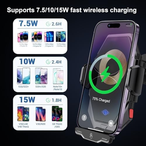 15 W Fast Wireless Car Charger with Auto-Clamping Technology – Universal Qi-Enabled Phone Mount for i Phone 15/14/13/12/11 Pro Max & Samsung Galaxy S23/S22/S21/S20/S10+/S9+/Note 9 – Secure, Sleek, and Efficient Charging Solution for On-the-Go Professionals