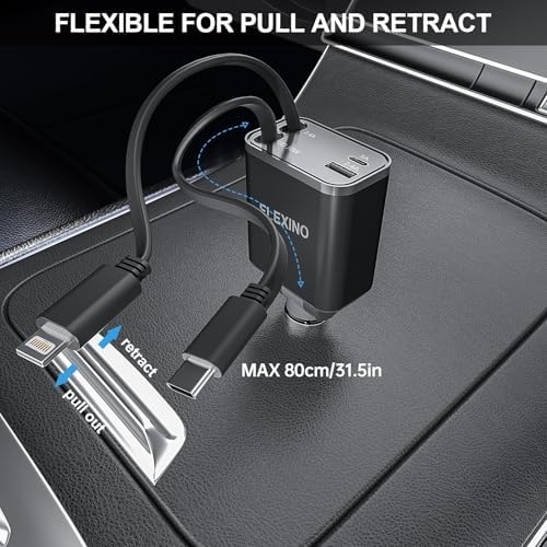 Flexino 69 W Retractable Car Charger for i Phone 16 & Galaxy – Dual USB-C Fast Charging Adapter with 2.6 ft Cords for Seamless Road Power – Compact, Stylish, and Versatile Car Charger Accessory for All Devices