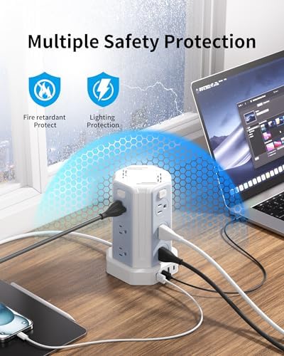 SMALLRT Power Tower Surge Protector – 10 Ft Extension Cord with 12 AC Outlets & 4 USB Ports (1 USB-C) – Ultimate Charging Station for Home & Office – Enhanced Device Compatibility & Safety