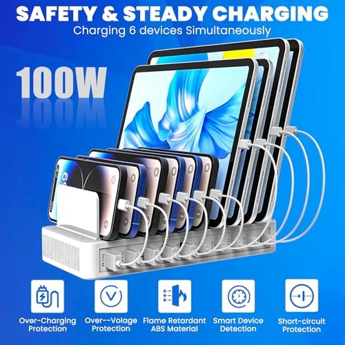 Multi-Device Charging Station with 10 Ports and Smart IC Technology – 100 W Power Dock with Adjustable Dividers and 10 Cables for Efficient Charging of i Phone, Galaxy, i Pad, Tablets – Space-Saving Flat Plug Design for Home and Office Use