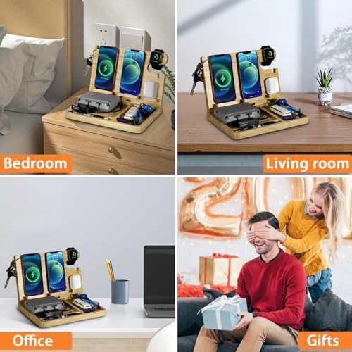 Eco-Friendly Wood Phone Docking Station with Dual 27 W Fast Charging for i Phone, Samsung, Apple Watch & Air Pods – Stylish Nightstand Organizer and Ideal Gift for Men and Women on Birthdays or Anniversaries