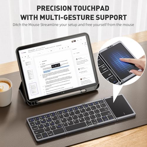 Ultra-Slim Foldable Bluetooth Keyboard with Touchpad – Portable Wireless Keyboard for Travel, Multi-Device Compatibility with Android, Windows, i OS – Lightweight Pocket-Sized Design with Built-in Stand for Effortless Typing on the Go