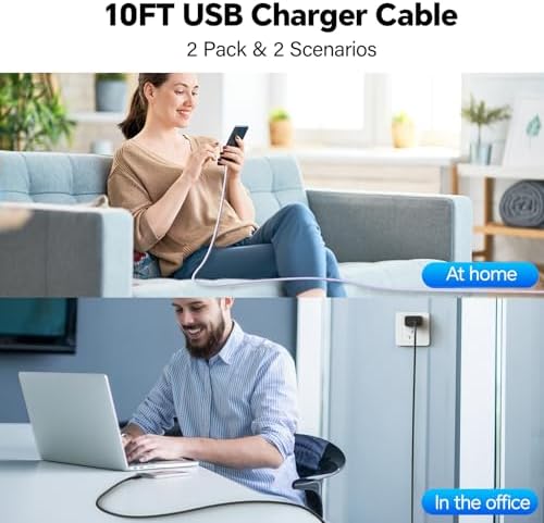 20 W Dual USB-C Fast Charger Block for i Phone 15/16 Series – Includes Two 10 FT USB-C Charging Cables, Perfect for Pro Max, Plus, Pro, i Pad Pro/Air – Compact, High-Speed Charging Solution (2 Pack, Black)
