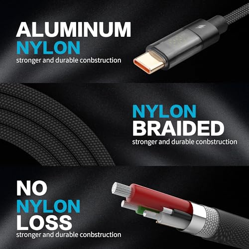 YACSEJAO 4 FT USB C Cable with LED Display – 100 W Fast Charging and High-Speed Data Transfer, Durable Nylon Braided Design for Universal Device Compatibility and Optimal Performance