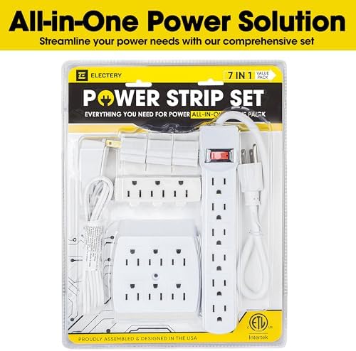 Comprehensive 7-Piece Multi-Outlet Power Management Kit – Versatile 6 Outlet Power Strip, Dual Outlet Extenders, 5 Ft Indoor Extension Cord & 3 Prong Adapters for Enhanced Compatibility – Essential Home & Office Surge Protection Solution in Sleek White Design