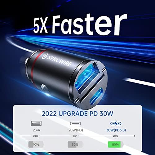 Compact USB C Car Charger by SYNCWIRE – 60 W Fast Charging Adapter with PD 30 W & QC 30 W Capabilities for i Phone 16 Pro Max, Samsung S25/S24, Google Pixel & i Pad – All-Metal Design for Ultimate Durability – Dual USB Ports for Multi-Device Charging – Essential Road Trip Accessory with LED Status Indicator