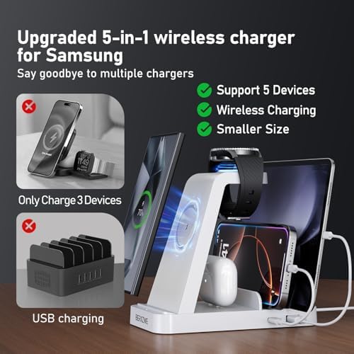 Sleek Pink 5-in-1 Wireless Charging Station for Samsung Devices – Fast Charge Your Galaxy Watch Ultra 7 6 5 4 3, Galaxy S25 S24 Ultra S23 S22 S21, Note 20 10, Z Fold & Buds – Ultimate Convenience and Style for Home or Office Use