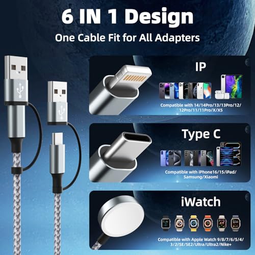 Ultimate 5 FT 3-in-2 Multi-Device Charging Cable for Apple i Watch & Android – Fast USB-A & USB-C Cord for Effortless Travel Power and Compatibility Solutions