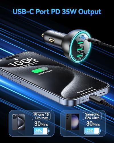 Rocoren 55 W 4-Port USB C Car Charger – Ultra-Fast PD3.0 & QC3.0 Charging Hub for i Phone 16/15/14, i Pad Pro, Samsung Galaxy S25/S24 Ultra, and Google Pixel – Compact Cigarette Lighter Adapter with Enhanced Safety Features for Effortless Travel Power Solutions