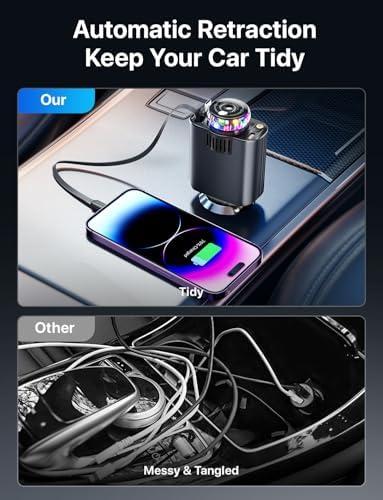 Transform Your Commute: 5-in-1 Retractable Car Charger with Aromatherapy Diffuser & Starlight Ambiance – Fast USB-C and Dual USB Ports for i Phone 12-16 & More – Elevate Your Driving Experience with Stress-Relieving Scents and Efficient Charging