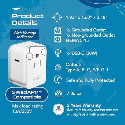 Compact Travel Power Adapter Set for Brazil, Peru & Chile – 20 W Dual USB & USB-C Charger with 2 USA Sockets – Fast Charging with Type C & N Attachments – Portable Plug Converter for Global Travelers – Stay Connected Anywhere