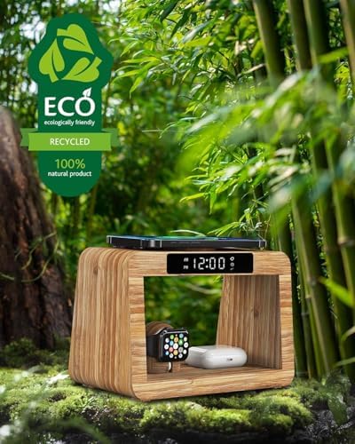 Eco-Friendly 3-in-1 Bamboo Wireless Charging Hub with Night Light – Fast Mag-Safe Charger for i Phone 16/15/14/13/12 Pro Max/X/Xs Max/8, Compatible with Air Pods Pro & Apple Watch – Stylish Solution for Tangle-Free Charging and Enhanced Nighttime Convenience