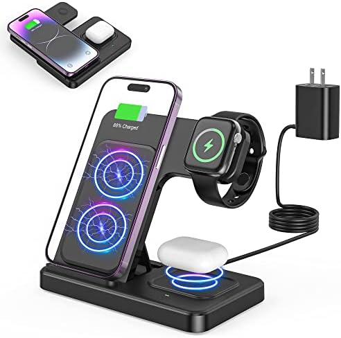 Revolutionize Your Device Charging with the Advanced 3-in-1 Foldable Wireless Charging Dock – High-Speed Charger for i Phone 14/13/12/11/Pro/Max/XS/XR/X/Plus, Apple Watch Series 7/6/5/4/3/2/SE, and Air Pods 3/2 (Adapter Included) – Compact, Travel-Ready Design for a Clutter-Free Lifestyle and Efficient Power Management