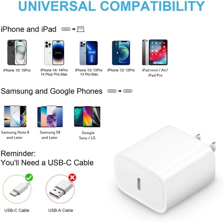 20 W USB-C Wall Charger Set for i Phone 16/15 & i Pad Pro | Fast Charging Duo with 6 ft C to C Cables | Optimized for Maximum Compatibility & Speed | Perfect for Home & Travel Efficiency