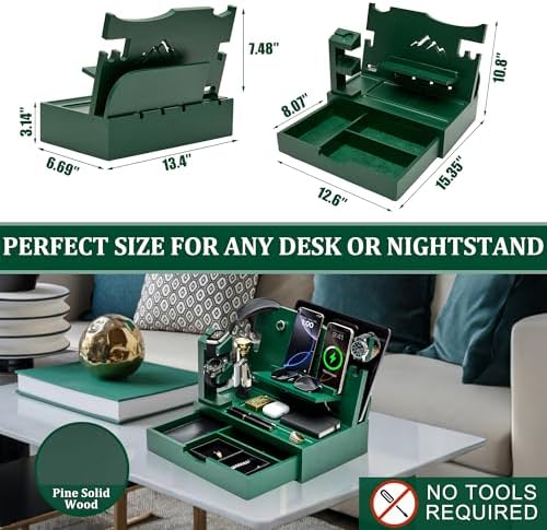 Nightstand Organizer for Men with Large Drawer, Birthday Gifts for Men, Phone Docking Station, Bedside Organizer for Nightstand for Apple Watch, Laptop (Brown, Solid Wood) – Enhanced Compatibility and Speed