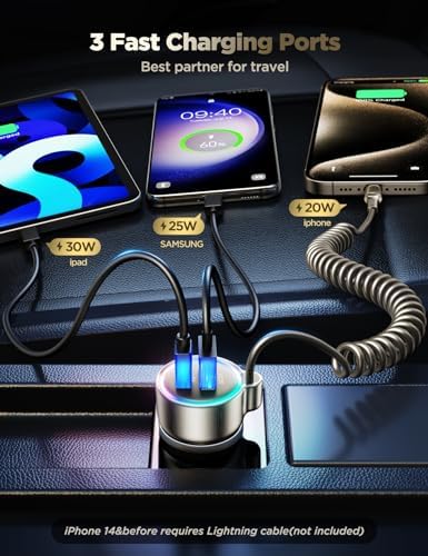 High-Speed USB C 72 W Car Charger for i Phone 16 Pro Max Plus & Multi-Device Compatibility – Rapid PD & QC3.0 Charging with 5 ft 36 W Type C Coiled Cable for Samsung Galaxy S24/S23/S22, Pixel, Moto, LG, and More – Ultimate Travel Accessory for Uninterrupted Power on the Go