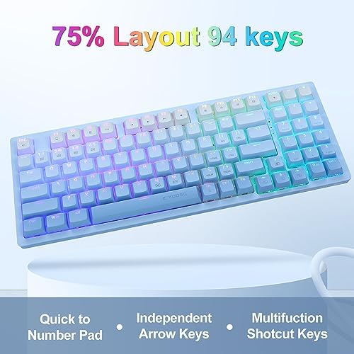 HUO JI Gradient Blue Wireless Mechanical Keyboard – Versatile 3-Mode Connectivity (Bluetooth, 2.4 G, Wired) with RGB Backlighting & Hot Swappable White Switches for Ultimate Customization – Compact 94-Key Layout Perfect for Gaming & Office Use