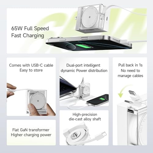 Portable 65 W Ga N Wall Charger with Retractable USB-C Cable | Fast Charging Solution for Mac Book Pro/Air, i Phone 16, Pixelbook & i Pad Pro | Dual-Device Power Delivery | Sleek & Compact Design for On-the-Go Charging