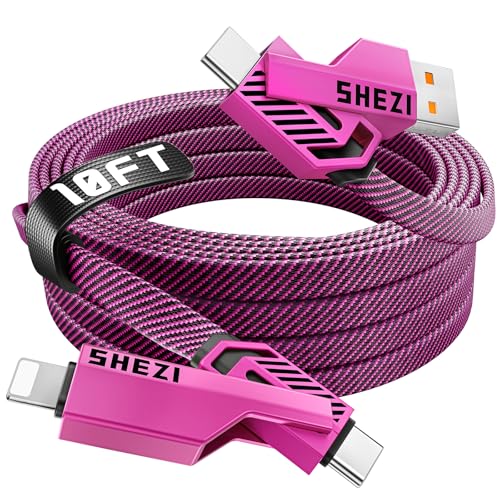 SHEZI 4-in-1 Fast Charging USB C Cable – 60 W Power Delivery with Lightning, USB C, and USB A Ports – 5 FT Durable Flat Nylon Braided Cord – Stylish Pink Design for i Phone, i Pad, and More – High-Speed 480 Mbps Data Transfer Solution for All Your Devices
