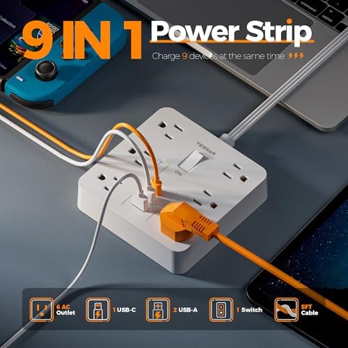 TESSAN 6-Outlet Black Surge Protector Power Strip with 3 USB Ports (1 USB-C) – 5 FT Flat Plug Extension Cord, 1700 Joules Surge Protection for Safe Charging in Home, Office & College Dorm – Compact and Versatile Multi-Device Charging Station
