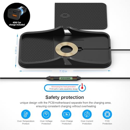 Large Fast Wireless Car Charging Pad by REESTECQI – 15 W Qi-Compatible Charger for i Phone 16 Pro Max, Samsung Galaxy, and Google Pixel with Anti-Slip Design and 1 Meter USB-C Cable – Effortless Charging on the Go and Case-Friendly Functionality. Experience high-speed charging efficiency with our spacious 7.13″ x 4.06″ pad that accommodates larger devices while ensuring they stay securely in place during travel. Featuring advanced safety measures including over-temperature and over-voltage protection, this multifunctional charging solution doubles as a phone stand, enhancing your navigation and video viewing experience. Perfect for busy lifestyles, this innovative charger is compatible with a variety of smartphones and supports cases up to 4 mm thick, making it a versatile addition to your car, home, or office. Optimize your charging experience with REESTECQI’s reliable and efficient design.
