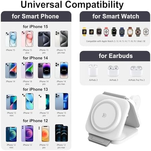 Ultimate 3 in 1 Magnetic Wireless Charging Station for Apple Devices – Foldable Travel Charger for i Phone 16, 15, 14, 13, 12 Pro Max, Apple Watch & Air Pods (Sleek White) – Fast, Portable & Durable Power Solution for Tech Enthusiasts
