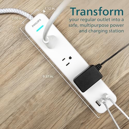 Philips EZFit Surge Protector with 3 Outlet Power Strip and 6 ft Braided Cord – Enhanced Charging Station Featuring 2 USB-A and 1 USB-C, 490 Joules of Surge Protection, Space-Saving Design in Sleek White for Home and Office Use