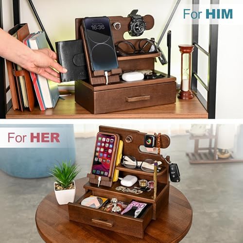 TESLYAR Wood Phone Docking Station with Drawer – Nightstand Organizer – Desk Organizer for Husband – Birthday Gifts for Men, Dad, Anniversary Idea, Key Holder Stand Watch & Accessories (Bourbon Brown) – Enhanced Compatibility and Speed
