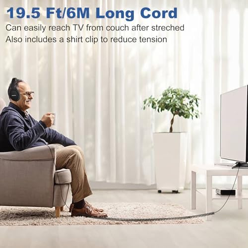 Discover the Ultimate Comfort with 19.5 Ft Wired Over-Ear Headphones for Seniors – Enhance Your Audio Experience with Adjustable Volume Control, Ergonomic Design, and Flexible Spring-Coiled 3.5 mm AUX Cable for Seamless Compatibility with TV & PC. Enjoy High-Quality Sound and Freedom of Movement with Extra Long Cord Headphones, Perfect for All Your Listening Needs. Experience Superior Comfort and Clarity in Every Note with These Specialized Headphones Designed for Enhanced Hearing and All-Day Use.