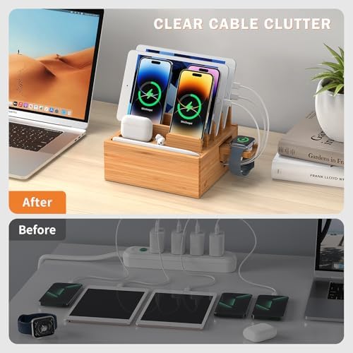 Bamboo Charging Station Organizer with 5-Port USB Hub and Charging Cables – Elegant Multi-Device Dock for Phones, Tablets, and Smartwatches – Eco-Friendly and Efficient Charging Solution for Home and Office Decor
