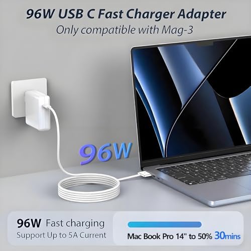 Ultimate 96 W Fast Charger for Mac Book Pro & Air (2021-2025) – Portable USB-C Power Adapter with 6.6 FT Magnetic Cable, LED Indicator, and Advanced Safety Features for M1-M4 Models, Perfect for Fast On-the-Go Charging
