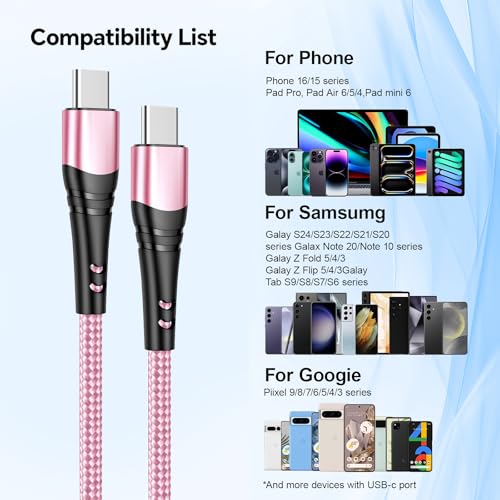 Premium 10 FT USB C to USB C Charger Cable – Dual Pack 100 W Fast Charging, Nylon Braided Design for i Phone 16 Series, Mac Book, and Samsung Galaxy S24 – Stylish Pink Color for Enhanced Durability and Flexibility