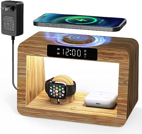 Eco-Friendly 3-in-1 Bamboo Wireless Charger with Integrated Alarm Clock & Adjustable Night Light – Fast Charging Hub for i Phone, Air Pods, and Apple Watch – Stylish Solution for Modern Homes and Workspaces