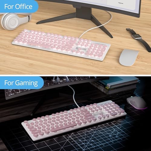 Vibrant Purple Ergonomic Wired Membrane Keyboard – Full-Size 104 Keys with Round Typewriter Keycaps, White LED Backlighting, and Ultra-Quiet Performance for Enhanced Productivity in Any Workspace