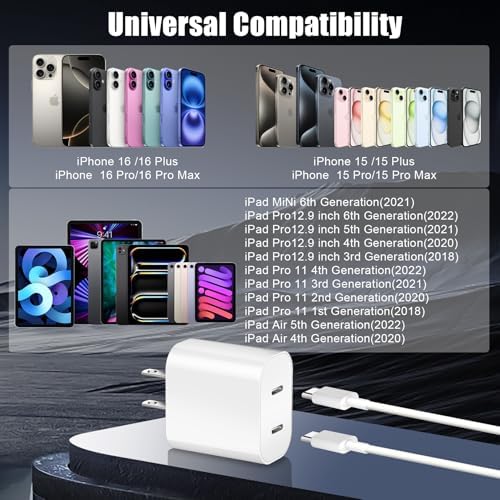 Ultra-Fast Dual Port USB-C i Phone Charger with 10 FT Quick Lightning Cables – High-Efficiency Charging Block for i Phone 14 Pro Max, 13 Pro, 12, 11, XS, XR, 8, SE – Ideal for Home and Travel, 2-Pack for Maximum Convenience and Speed