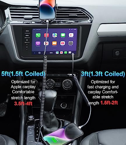 Premium Coiled Lightning Charger Cable for Car – 2-Pack with 3 FT & 5 FT Lengths, MFi Certified Retractable Cord for i Phone 14/13/12/11 Pro Max/XS MAX/XR/XS/8, i Pad & i Pod – Fast Charging & Enhanced Compatibility for Effortless Power on the Road