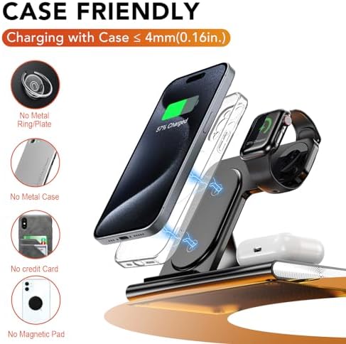 Ultra-Convenient 3-in-1 Foldable Wireless Charging Dock for Apple Devices – Rapid Power-Up Station for i Phone 16/15/14/13/12/11/X/XS, Apple Watch Series 10/9/8/7/Ultra2/Ultra/SE, and Air Pods Pro/2/3/4 – Lightweight Travel Charger with Integrated LED Light for Enhanced Portability and Efficiency