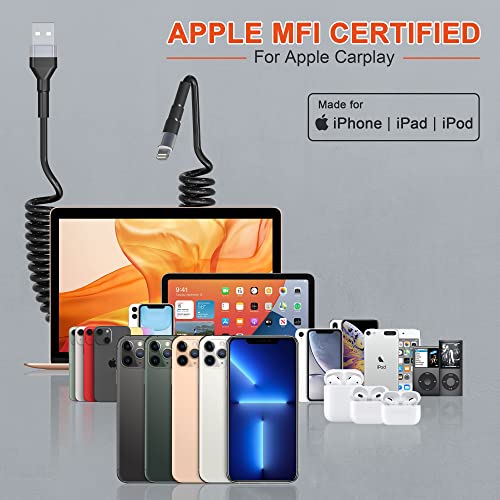 Elevate Your Drive: Premium Coiled Lightning Cable for Apple Carplay – MFi Certified, Short USB to Lightning Charger with Data Sync and LED Indicator, Retractable Design for Ultimate Portability and Fast Charging for i Phone, i Pad, and i Pod