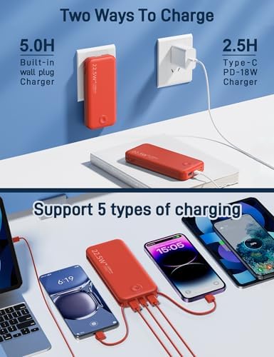 Ultra-Fast Charging Portable Power Bank with Built-In Cable and AC Plug – 12,000 m Ah USB C Travel Charger for i Phone and Android Devices – Lightweight, Compact Design for On-the-Go Power Solutions