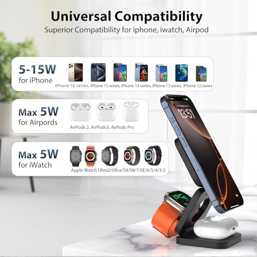 X55 Magnetic Foldable 3-in-1 Charging Station for Apple Devices – 15 W Fast Wireless Charger for i Phone 16, 15, 14, 13, 12 Series, 5 W Apple Watch Power Station, Portable Air Pods Charging Stand – Sleek Black Design for Travel and Home Use