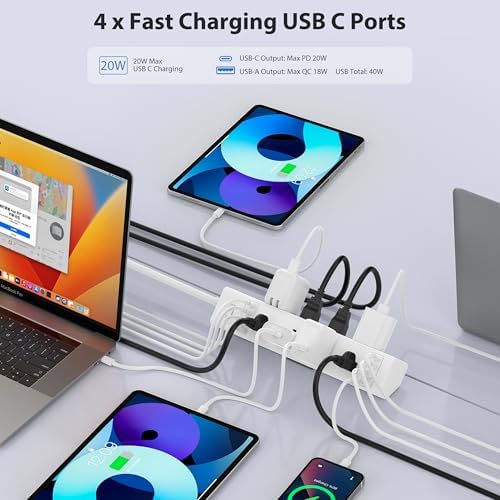 40 W Rapid Charge Desk Clamp Power Strip with 8 AC Outlets & 8 USB Ports – Versatile Surge Protector for Home & Office, Featuring 4 USB-C and 4 USB-A Ports, Secure Edge Mount Design for Tables up to 1.9 Inches, 14 AWG Heavy-Duty Cord for Optimal Performance and Safety