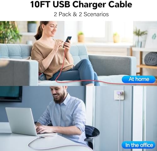 20 W Dual USB-C Fast Charger Block for i Phone 15/16 Series – Includes Two 10 FT USB-C Charging Cables, Perfect for Pro Max, Plus, Pro, i Pad Pro/Air – Compact, High-Speed Charging Solution (2 Pack, Black)